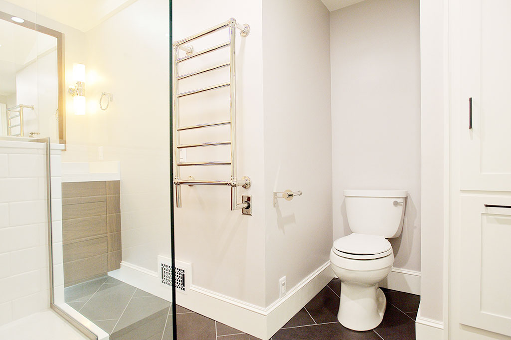 Bathroom Remodel with a Polished Nickel Jeeves Amba Towel Warmer