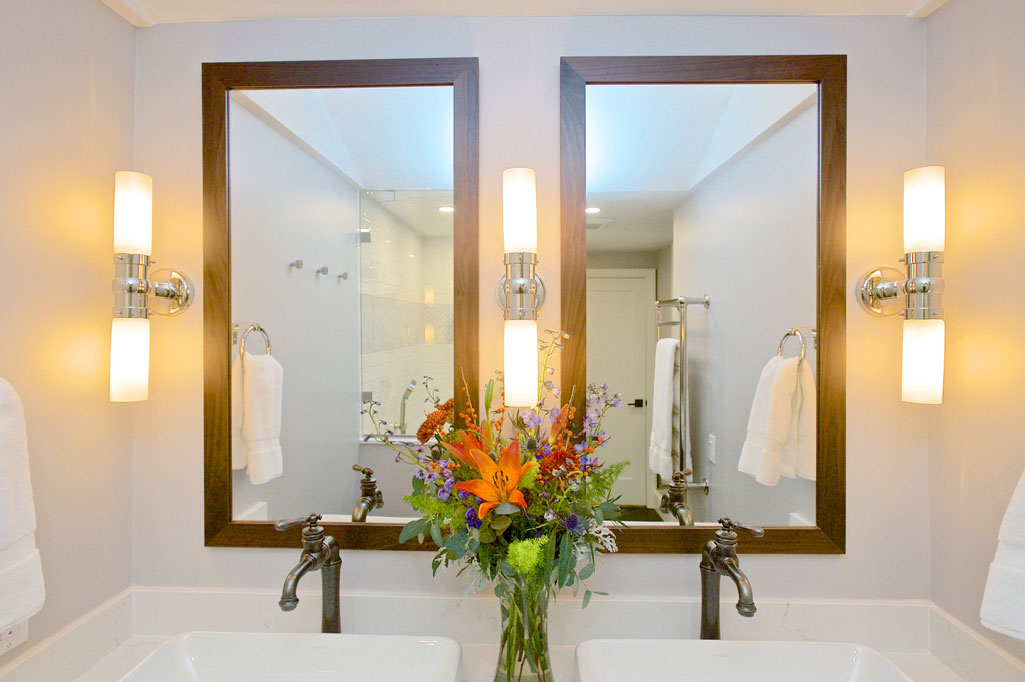 Bathroom Remodeler Walnut framed mirrors with light bars