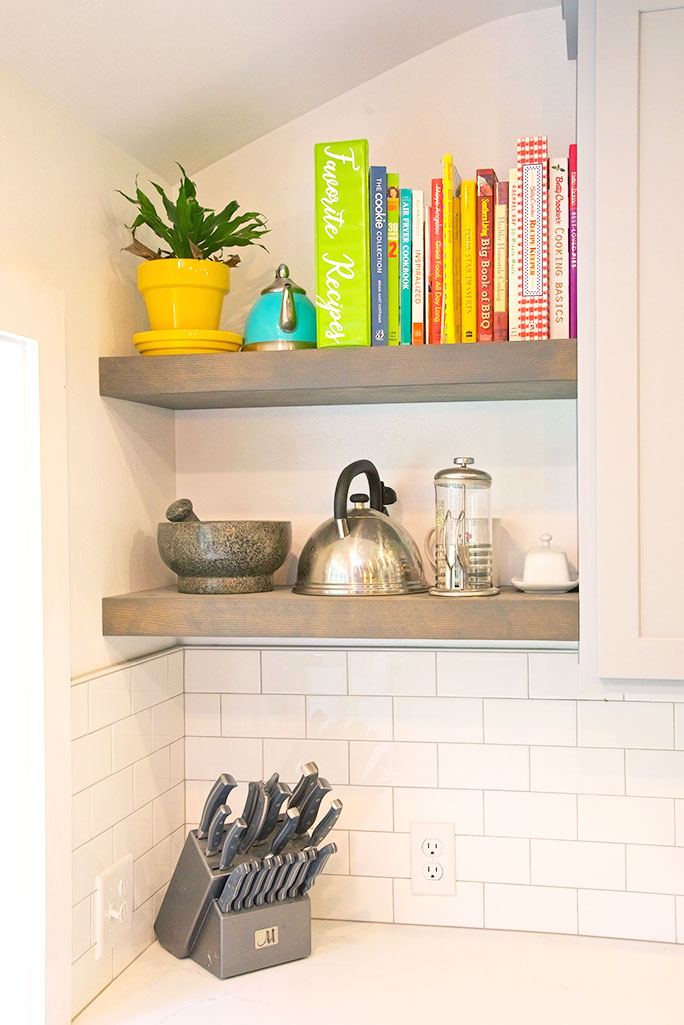 Eugene Kitchen Remodeling Floating Shelves with Subway Tile Backsplash