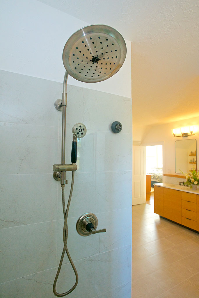 Bathroom Design and Remodel with Sterlina White Polished Tile